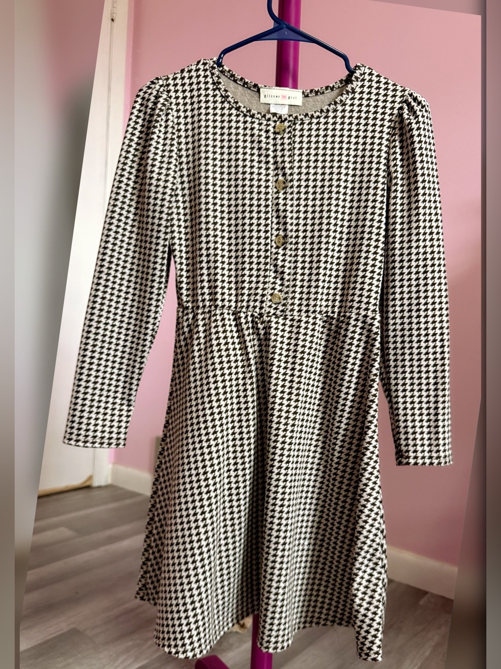 Girls' Brown & White Houndstooth Long-Sleeve Formal Dress